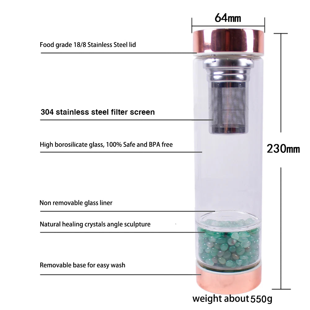 Natural Crystal Elixir Bottle - Healing Gemstone Infuser with Tea Filter